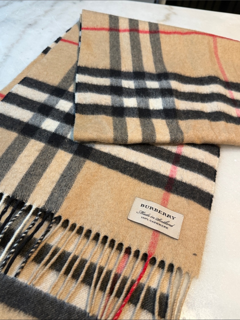 Burberry Camel Classic Check Cashmere Scarf with Black and Red Accents